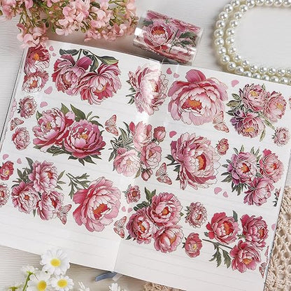 PET Tapes - Pink Flower Scrapbook Supplies, Transparent Floral Tapes for Junk Journal Planner