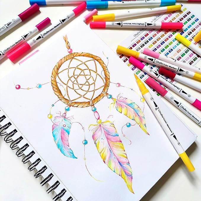 Ohuhu Markers for Adult Coloring Books No Bleeding 60 Colors Coloring Markers Water-based Dual Tips Fineliner & Brush Drawing Pens Art Markers for Kids Adults Sketch Journal - Maui - White