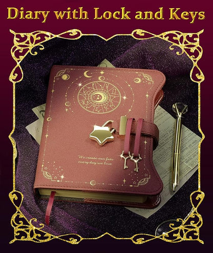 Diary with Lock and Keys for Girls Gift Ideas, 360 Kraft Pages Journal for Women, B6 Refillable Notebook for Writing with Pen and Bookmark (Astro Red)
