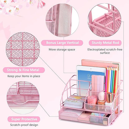 Pink Desk Organizers and Accessories, Pink Office Supplies with Mesh Desk Organizer, Acrylic Tape Dispenser and Stapler, Staples, Ballpoint Pen, Clips Set, Ruler, Scissor, Sticky Labels